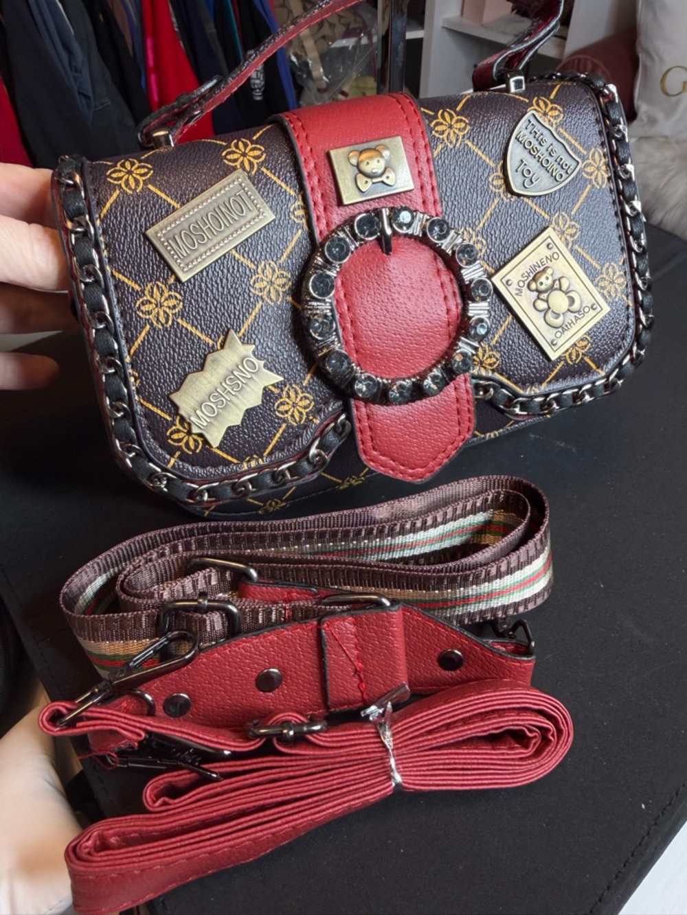 Moschino Brown & Red Patchwork Embellished Crossbody Bag